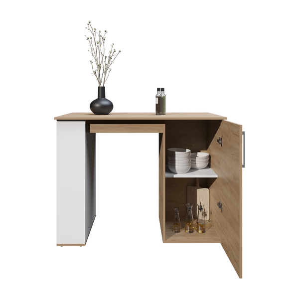 Allen Kitchen Island, External Shelves, White - Natural Oak
