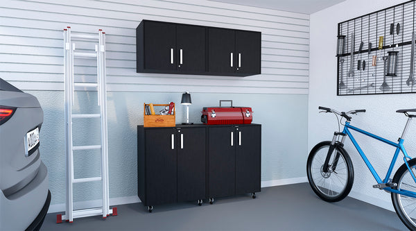 Melrose 4 Piece Garage Set, 2 Wall Cabinets + 2 Storage Cabinets, Black Wengue Finish
