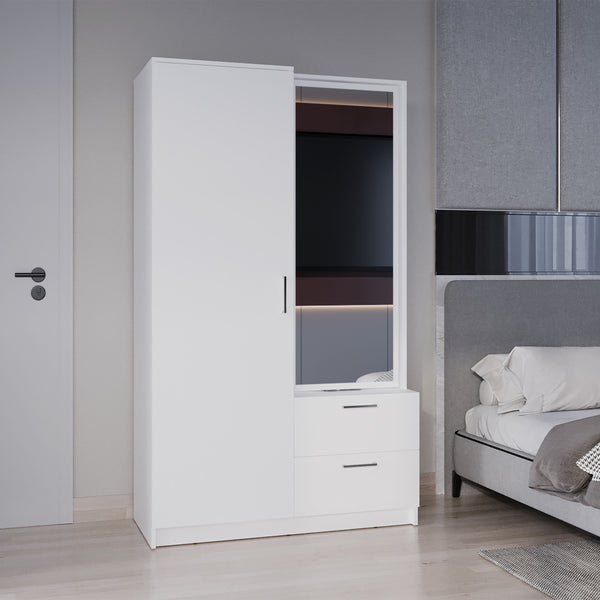 Seville 71" High Mirror Armoire, One Door Cabinet, Two Drawers , Hanging Rod, Rotating Mirror And Shoe Rack, Two Shelves