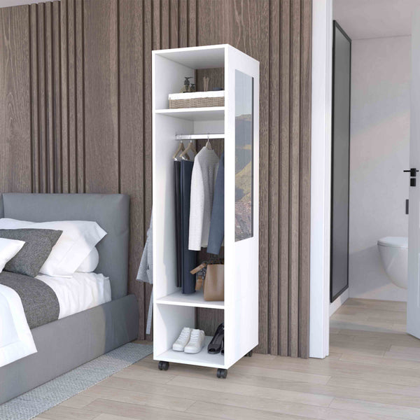 Cluster 63" Tall  Wardrobe with Mirror, Three Shelves, Casters and Hanging Rod, Armoire, Bedroom Clothes Storage, Cabinet Organizer