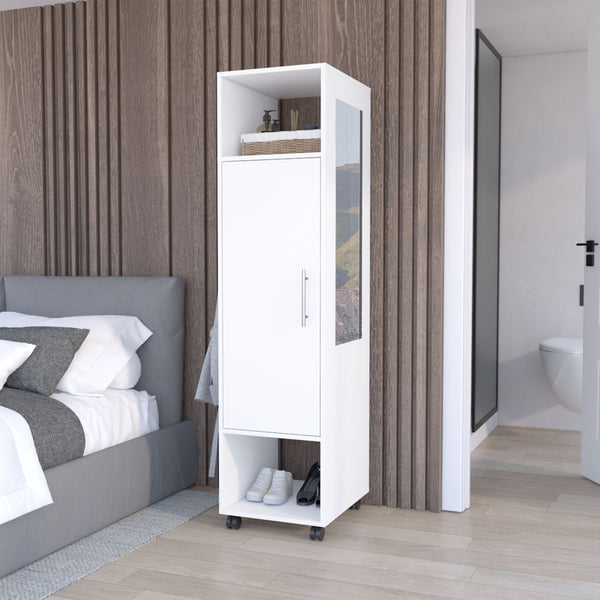 Cluster 63" Tall  Wardrobe One-Door Cabinet with Mirror, Three Shelves, Casters and Hanging Rod, Armoire, Bedroom Clothes Storage, Cabinet Organizer