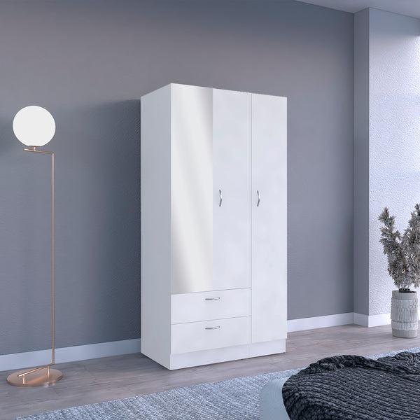Riverside 3 Door Mirrored Armoire with Two Drawers, Four Shelves, and Hanging Rod