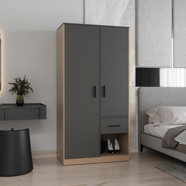 Alder 2-Door One Drawer Amoire With 2 Cabinets, Two Hanging Rods And Four Shelves
