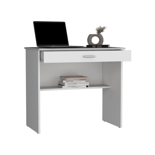 80 C Writting Desk, Compact Workstation with Drawer and Lower Shelf White