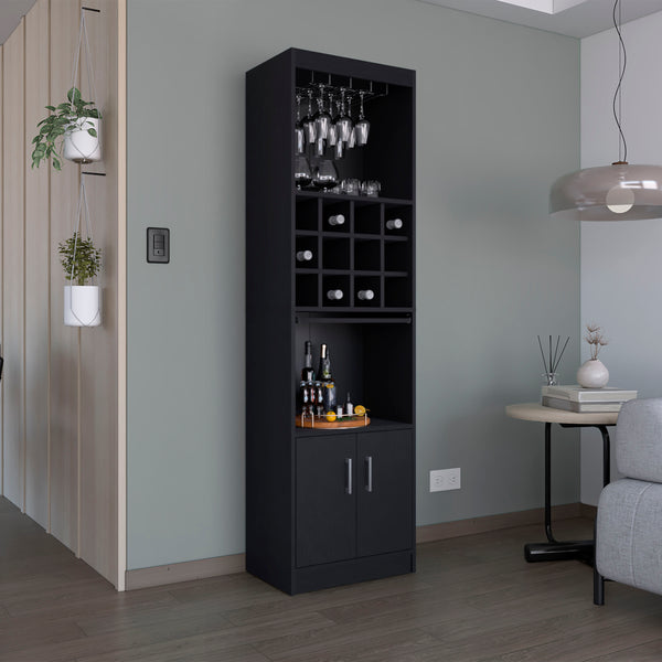 Kevil 71-Inch Tall Bar Cabinet 5-Tier Modern Bar Cabinet with Glass Holder Stemware Rack, Wine Cabinet, Liquor Cabinet, 12 Bottle Cubbies, 5 Shelves, and Pull Out Tray